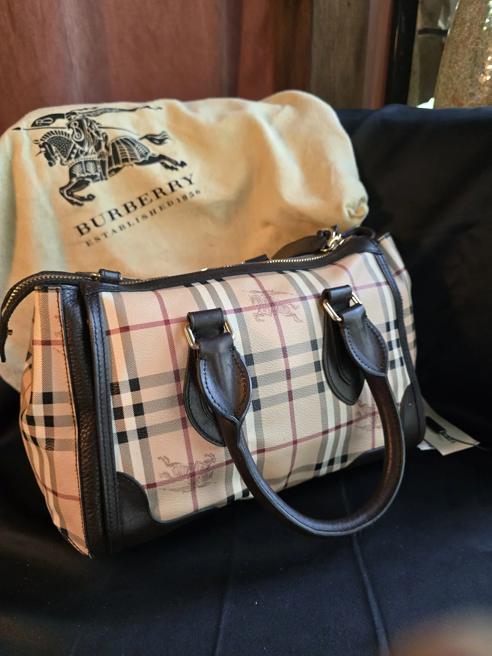Burberry Beige Black Check Shoulder Bag with Brown Leather Trim